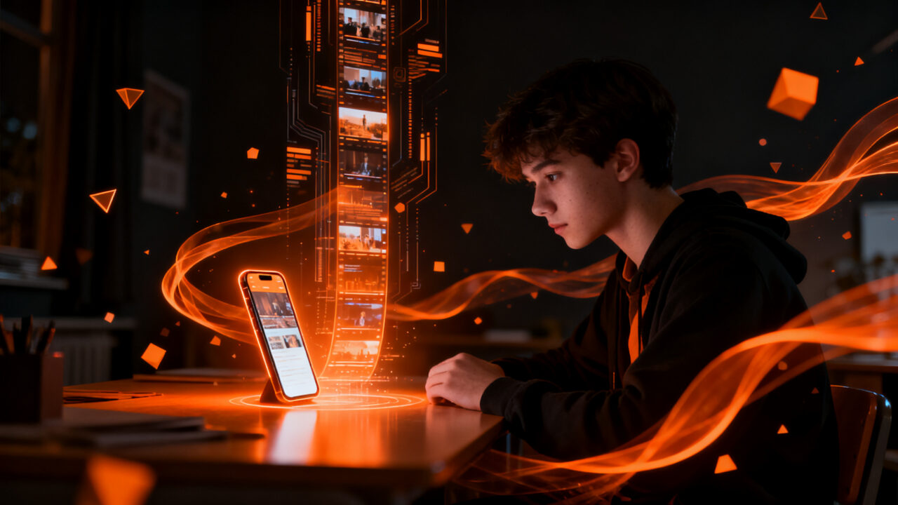 Estudiante utilizando la plataforma ScrollEd, transformando libros de texto en contenido educativo formato video corto mediante inteligencia artificial.