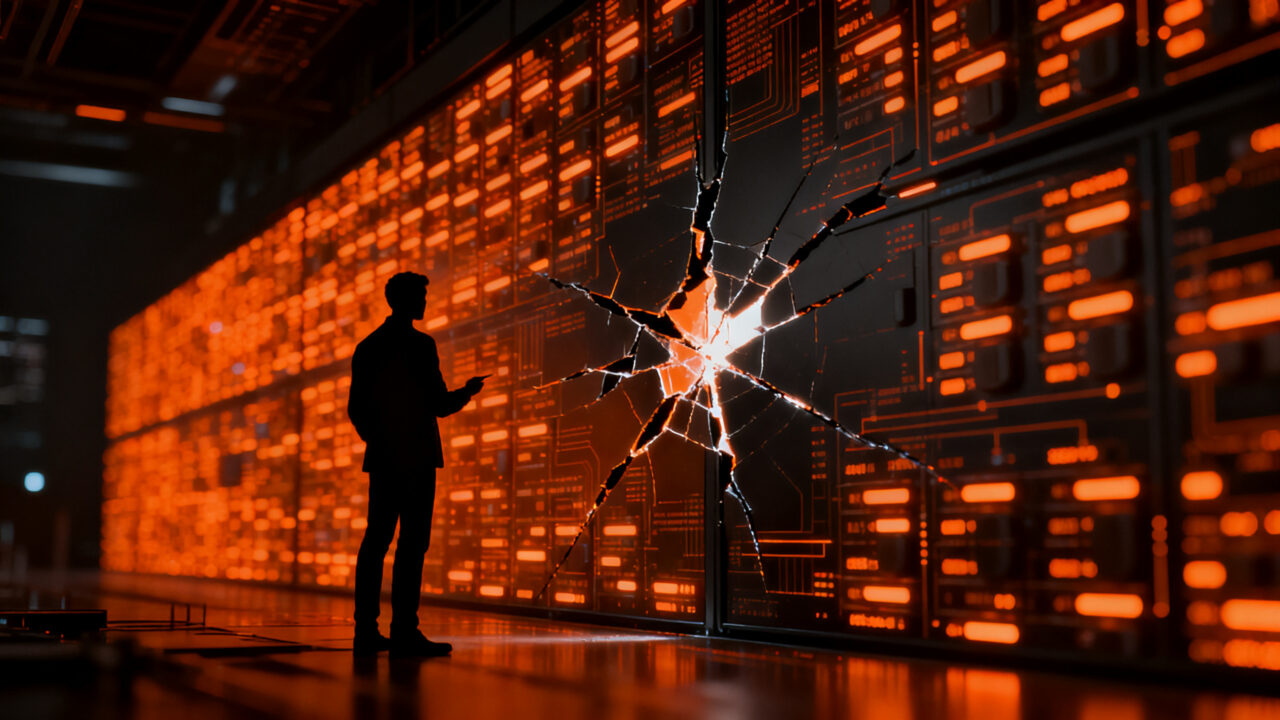 Un investigador de ciberseguridad analizando vulnerabilidades en una red neuronal, representando los desafíos de seguridad en agentes de IA y la ineficacia de los firewalls actuales.