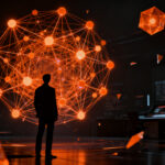Ilustración conceptual de seguridad en IA: una figura humana analizando redes neuronales complejas en tonos naranja y negro, representando la alineación de modelos.