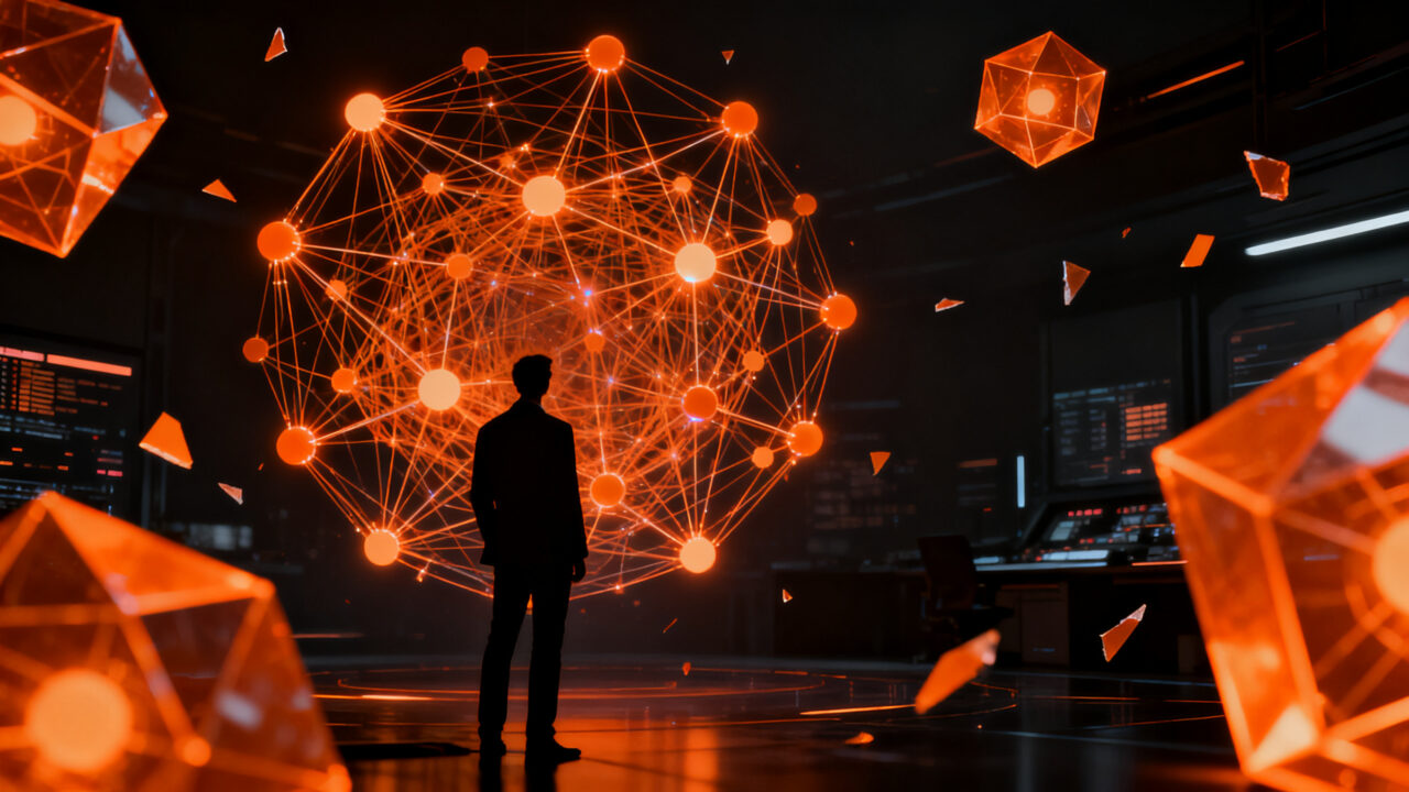 Ilustración conceptual de seguridad en IA: una figura humana analizando redes neuronales complejas en tonos naranja y negro, representando la alineación de modelos.
