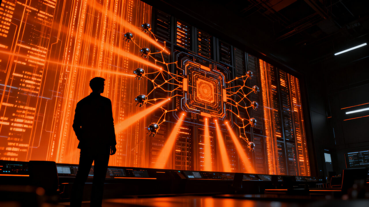 Agentes de IA autónomos escaneando datos digitales, representando los riesgos de seguridad y el debate sobre la ética en la inteligencia artificial.