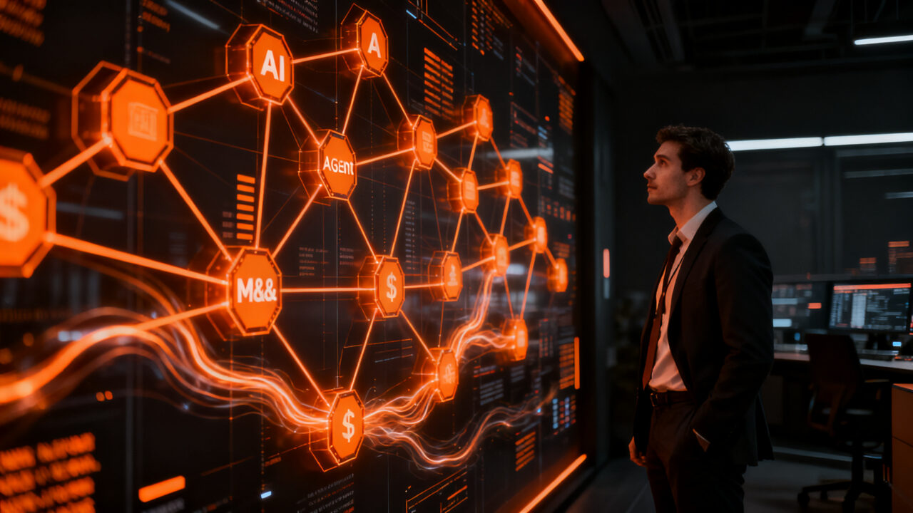 Mapa de fusiones y adquisiciones en seguridad para AI agents, representando la ciberseguridad empresarial y la inversión tecnológica.
