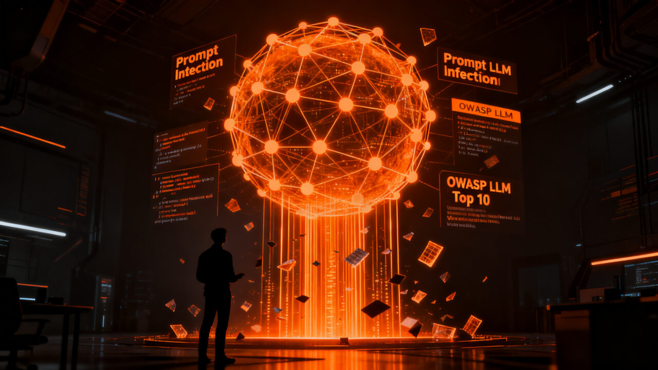Especialista en ciberseguridad analizando vulnerabilidades de chatbots de IA en un entorno de red digital, representando ataques de prompt injection.