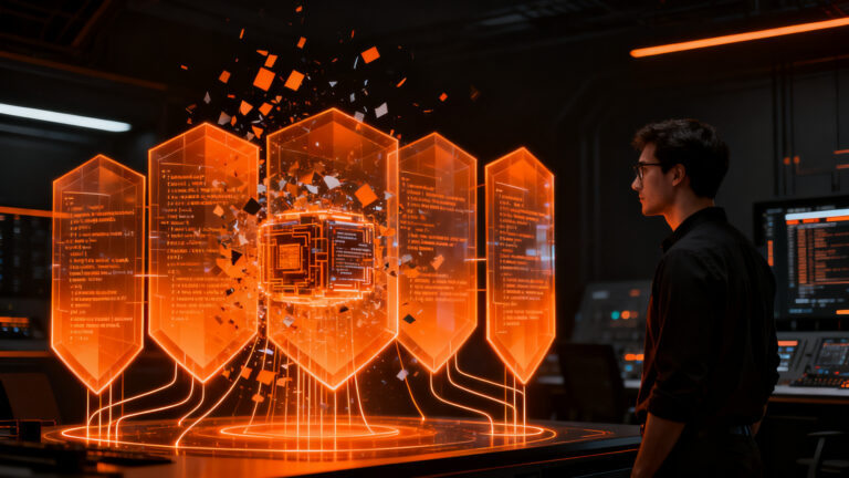Ingeniero de software revisando capas de seguridad defensiva en código generado por inteligencia artificial para evitar bugs.