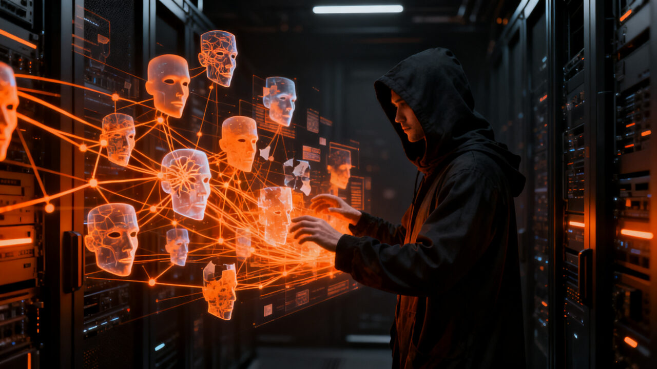 Agentes de inteligencia artificial creando perfiles falsos y desinformación en redes sociales, representando los riesgos de la seguridad digital.