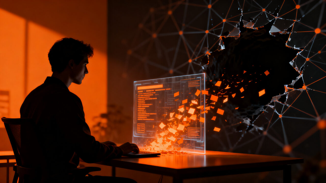 Agente de compra con IA filtrando datos personales, concepto de seguridad en inteligencia artificial y riesgos de ciberseguridad.