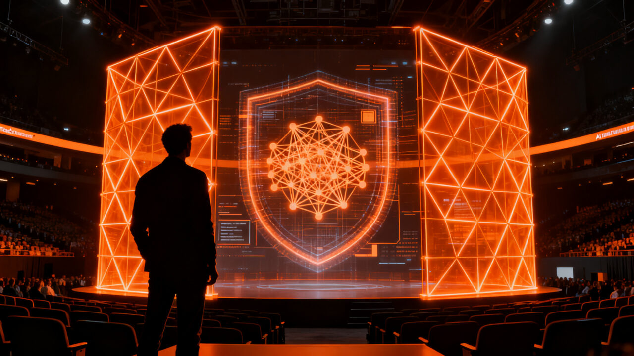 Emprendedor tecnológico analizando redes de seguridad IA en el evento TechCrunch Disrupt 2026.