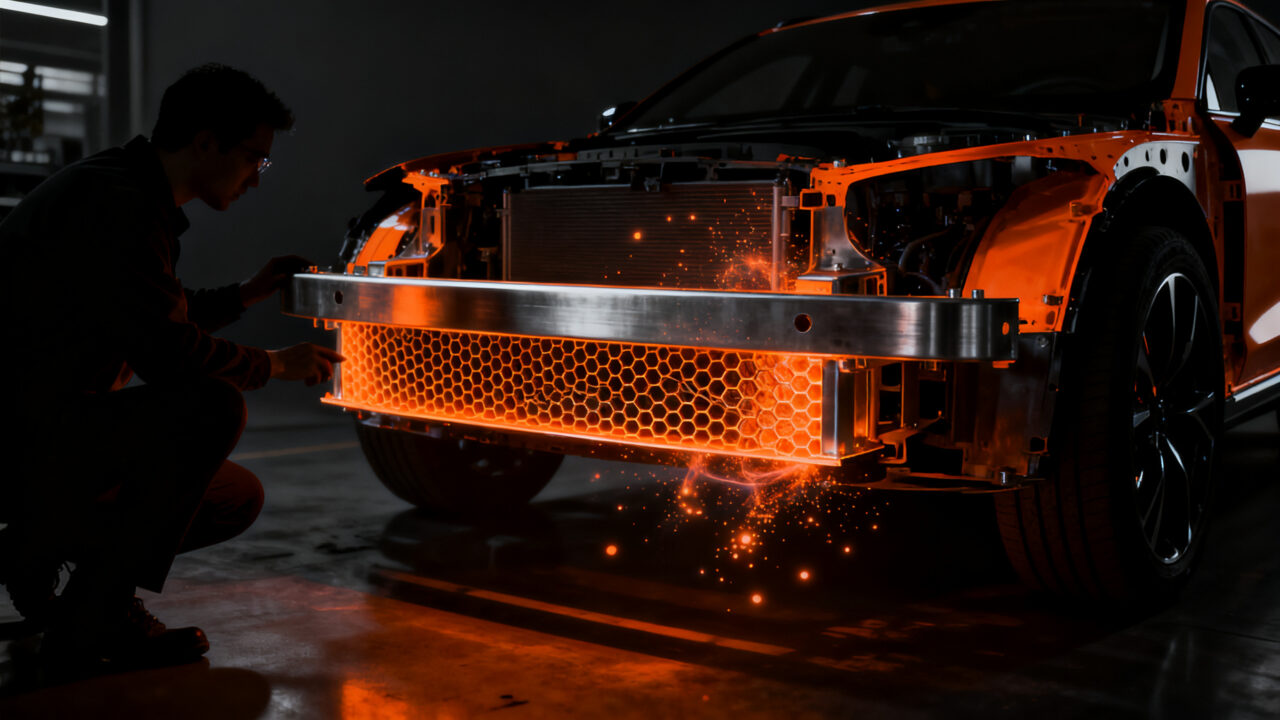 Impacto de seguridad vehicular con Composite Metal Foam en railes frontales para reducir riesgo craneal.