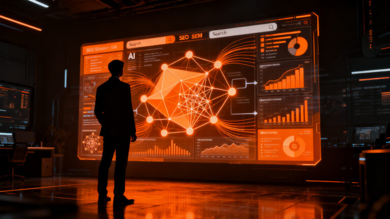 Estratega digital analizando datos de SEO y SEM con IA para optimizar la captación de clientes en 2026.