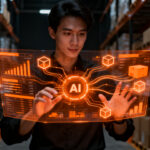 Emprendedor chileno utilizando herramientas de IA para optimizar inventario y logística en su pequeña empresa.