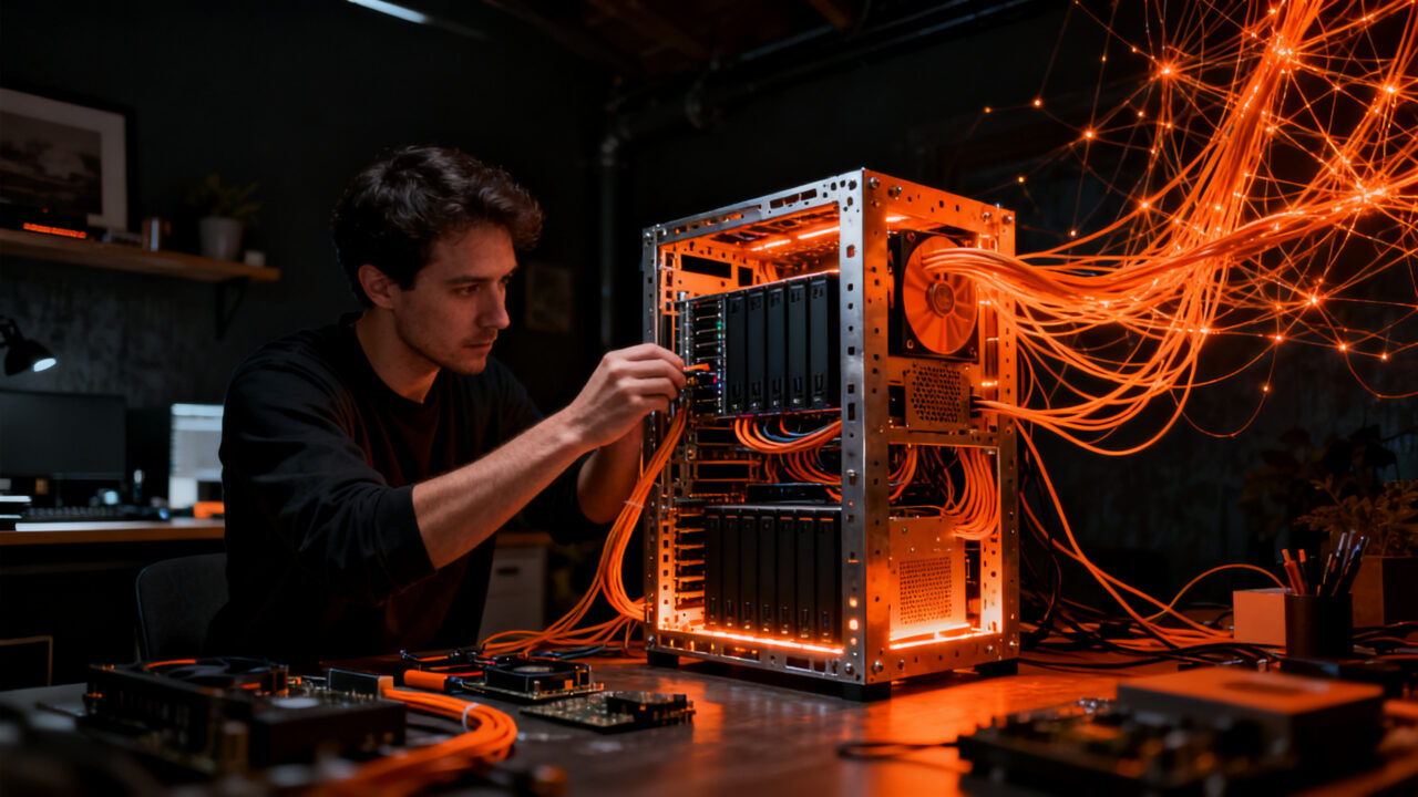 Un emprendedor construyendo un servidor casero DIY con componentes reciclados para soberanía de datos ante la crisis de almacenamiento de 2026.