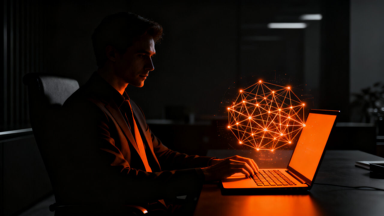 Trabajador utilizando herramientas de IA generativa de forma oculta en un entorno corporativo, representando el fenómeno de la Shadow AI.