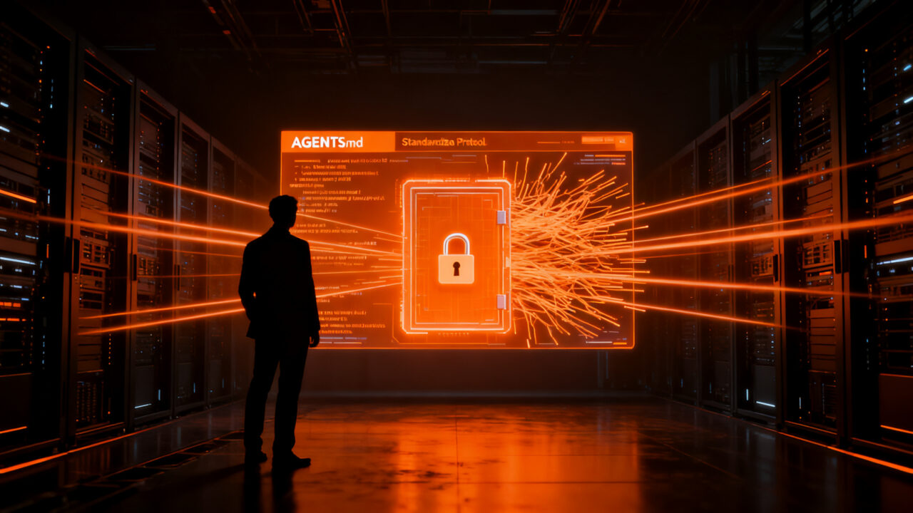 El CEO de Shopify Tobi Lütke frente a un código de IA, representando el conflicto por la estandarización de agentes inteligentes AGENTS.md.