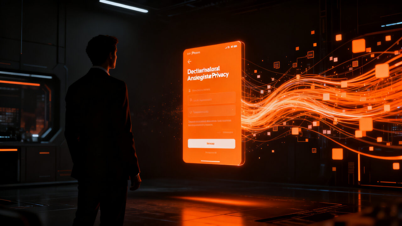 Usuario interactuando con una interfaz de registro digital minimalista, representando la privacidad y seguridad en Signal Login sin número de teléfono.