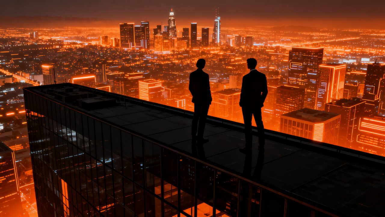 Representación visual de Silicon Beach y la desconexión política en Los Ángeles, con figuras de liderazgo frente a un horizonte urbano tecnológico.