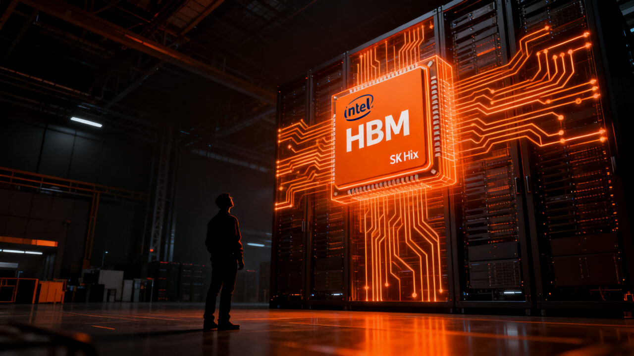 Ingeniero de semiconductores analizando infraestructura de chips HBM en una fábrica de alta tecnología, representando la alianza estratégica entre SK Hynix e Intel.