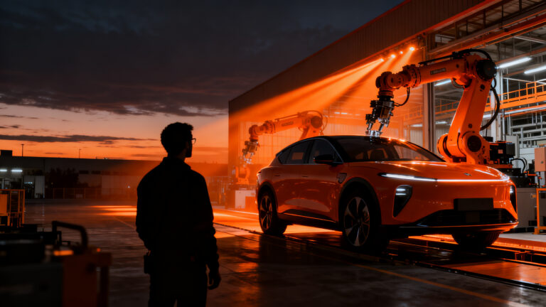Planta industrial de Skoda en España iluminada por energía solar, simbolizando la competitividad energética frente a Europa.