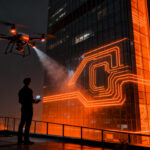 Dron con inteligencia artificial realizando limpieza automatizada de fachadas en un edificio comercial, representando la innovación en automatización de SkyPSI.