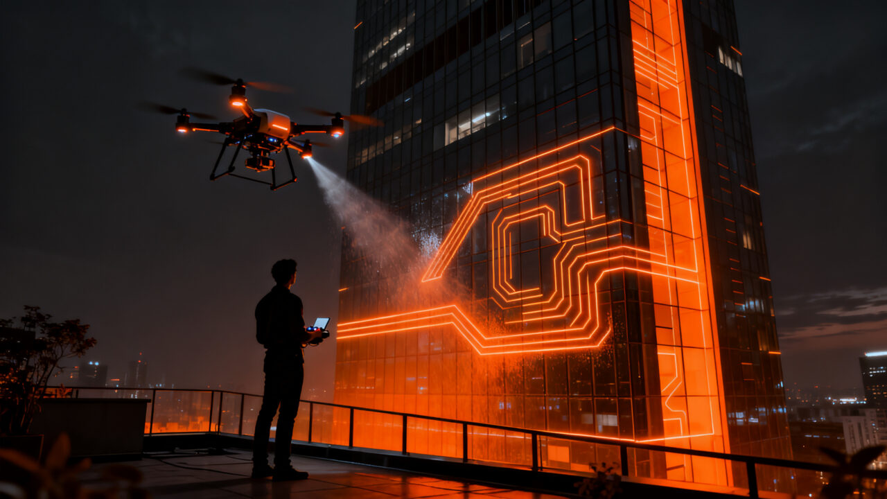 Dron con inteligencia artificial realizando limpieza automatizada de fachadas en un edificio comercial, representando la innovación en automatización de SkyPSI.