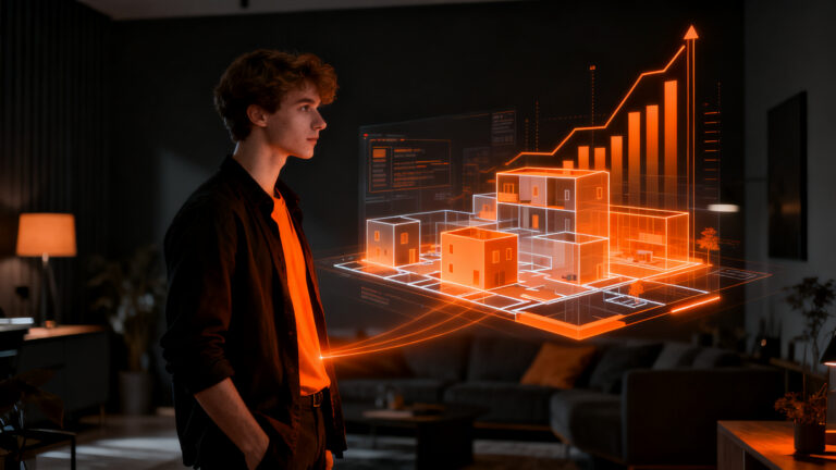 Joven profesional interactuando con un marketplace digital de subarriendos, representando la inversión en proptech para la Generación Z.
