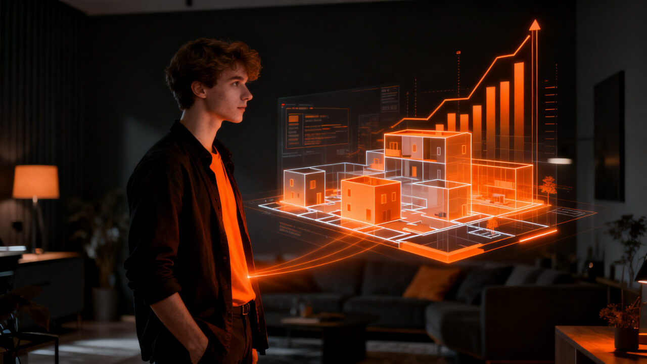 Joven profesional interactuando con un marketplace digital de subarriendos, representando la inversión en proptech para la Generación Z.