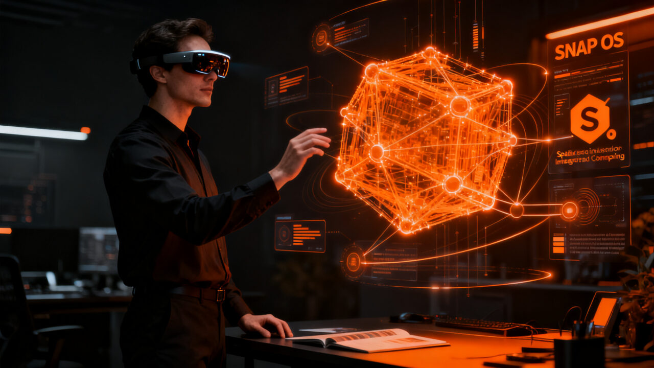Emprendedor utilizando gafas de realidad aumentada de última generación, representando el futuro de la computación AR y las Snap Specs.