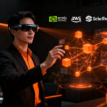 Ejecutivo de negocios utilizando gafas de realidad aumentada para visualizar datos empresariales y flujos de IA, representando el giro estratégico de Snap hacia el mercado B2B.