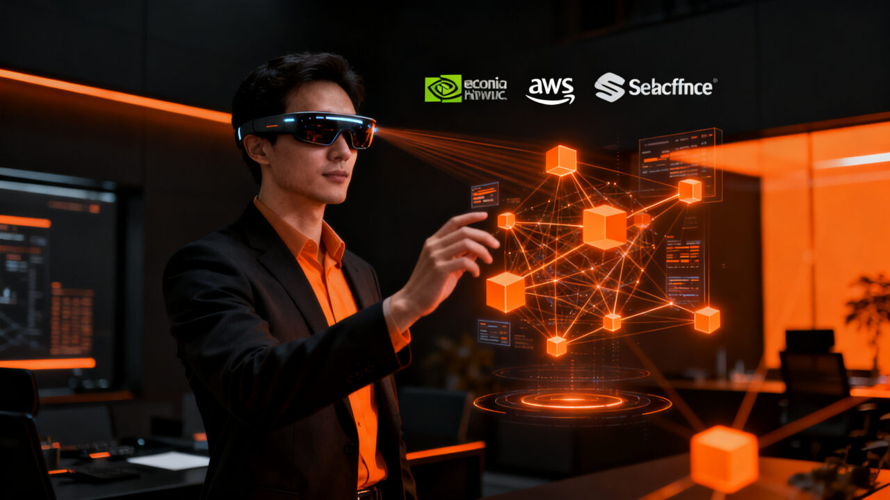 Ejecutivo de negocios utilizando gafas de realidad aumentada para visualizar datos empresariales y flujos de IA, representando el giro estratégico de Snap hacia el mercado B2B.