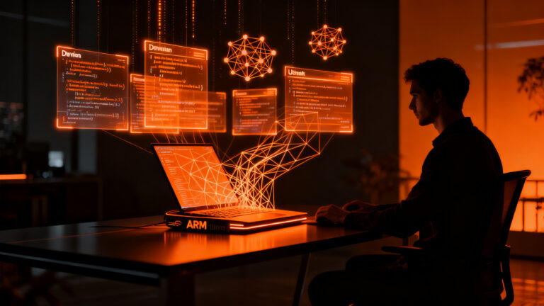 Desarrollador trabajando en laptop con arquitectura ARM y Linux, optimizando el futuro de la IA en dispositivos Snapdragon X2.