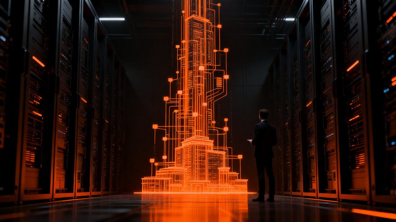 Analista observando un complejo ecosistema de datos e IA en la nube, representando el crecimiento exponencial de Snowflake y la infraestructura tecnológica.