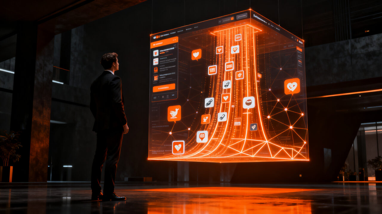 Emprendedor analizando métricas de social commerce en un entorno digital de ventas minoristas y redes sociales en LATAM.