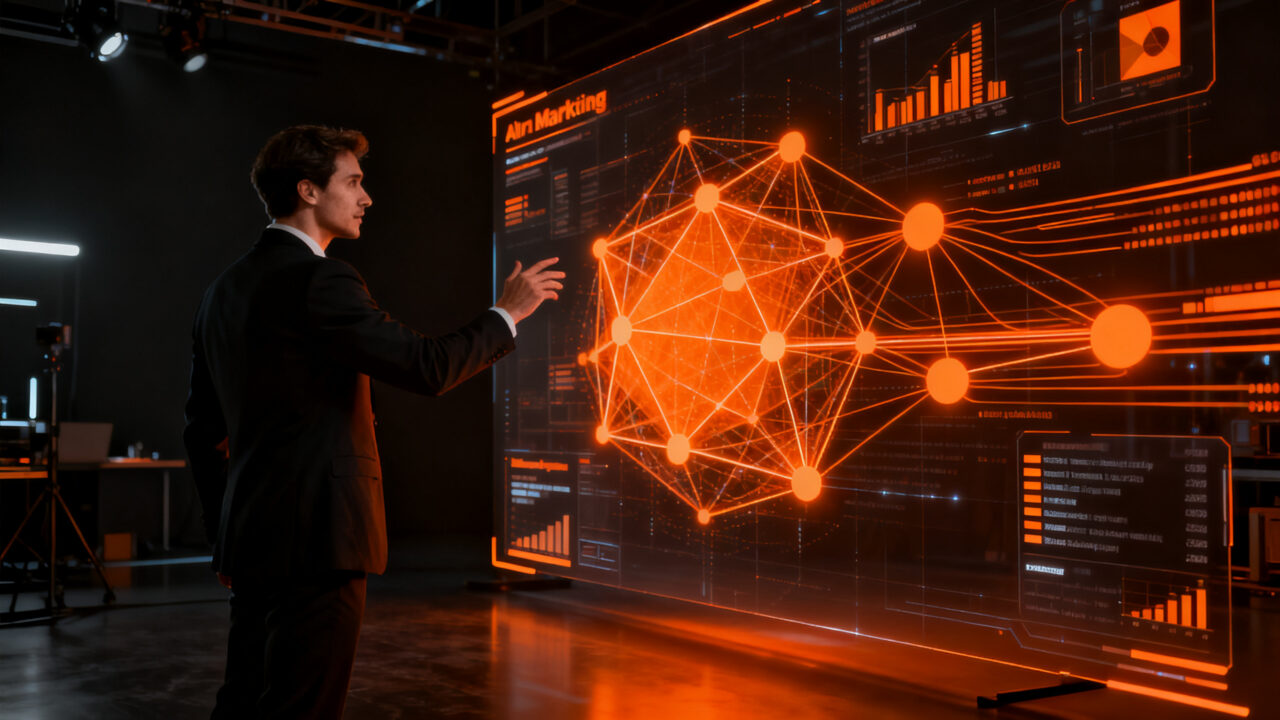 Profesional de marketing analizando flujos de trabajo con inteligencia artificial en un entorno de transformación digital para startups.
