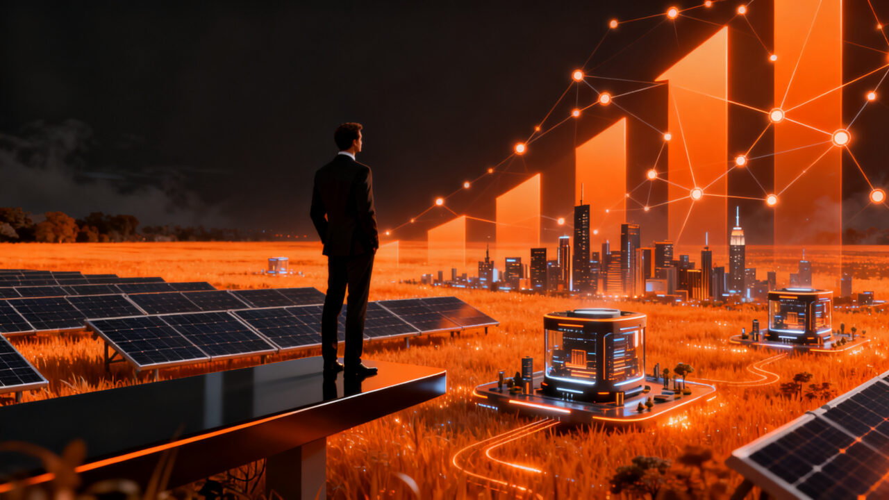 Gráfico financiero de energía solar y mercado bursátil, representando el crecimiento de Solaria en el Ibex 35 y la inversión en energías renovables.