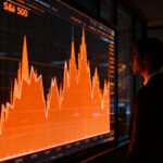 Analista financiero observando gráficos de mercado y datos de S&P 500 en un entorno de alta incertidumbre económica.