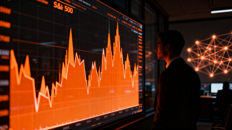 Analista financiero observando gráficos de mercado y datos de S&P 500 en un entorno de alta incertidumbre económica.