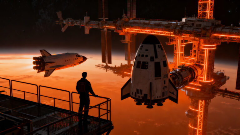 Representación conceptual de la dependencia tecnológica y el futuro de la exploración espacial entre SpaceX y Boeing.