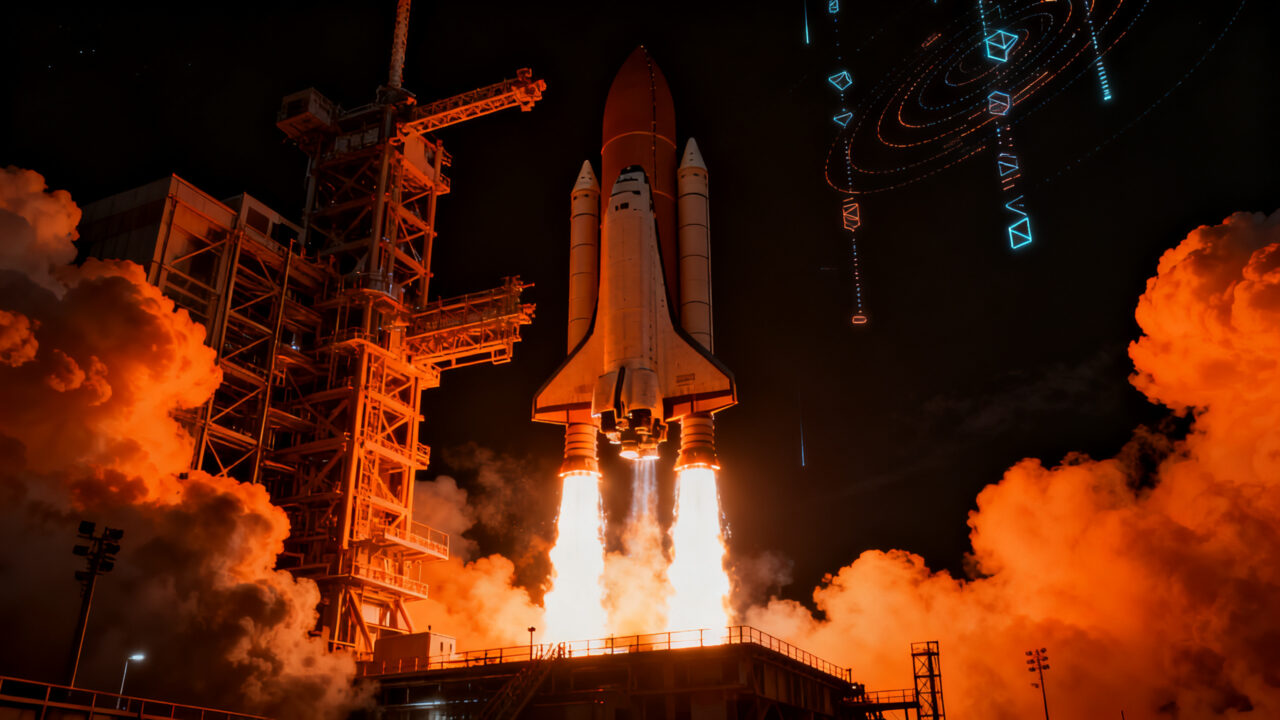 Cohete espacial despegando hacia el espacio representando el cambio de mercado de SpaceX Falcon 9 a Avio Vega C en la industria aeroespacial.