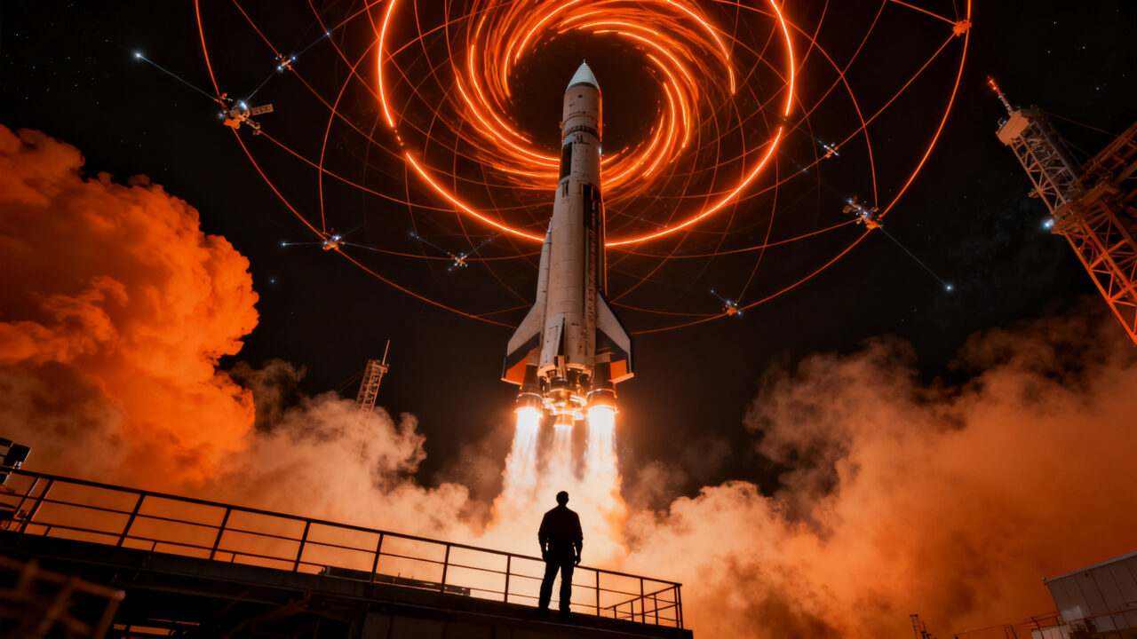 Silueta de ingeniero observando el despegue de Starship, simbolizando el hito de SpaceX en la carrera espacial y la reutilización orbital.
