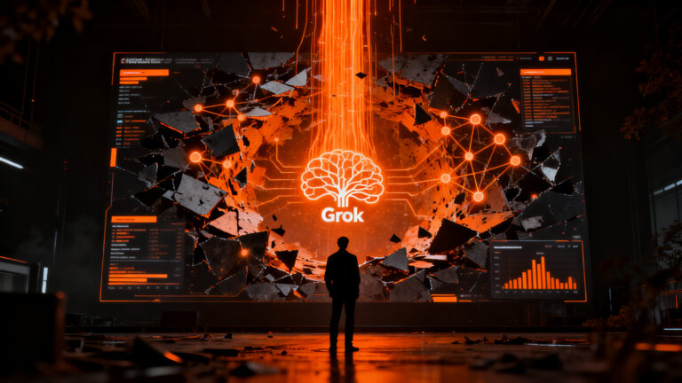 Silueta de analista de IA frente a una red de datos en naranja y negro, representando la adquisición de datasets de startups para entrenar modelos de lenguaje.