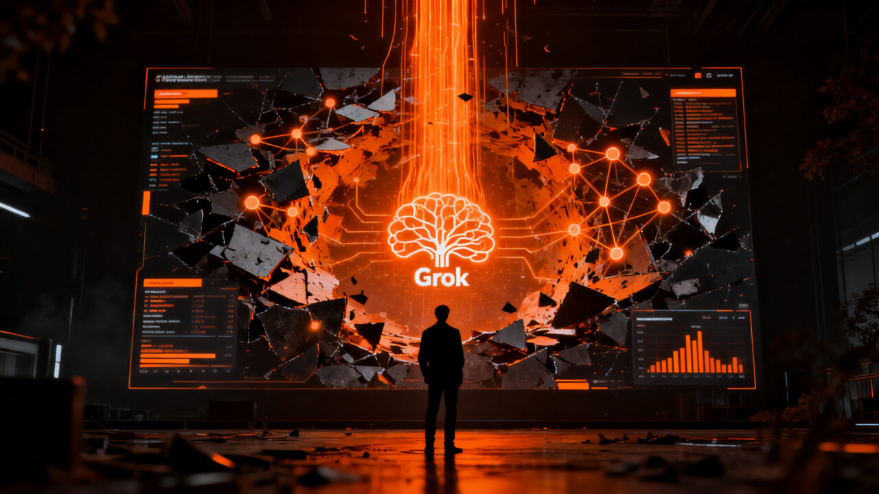 Silueta de analista de IA frente a una red de datos en naranja y negro, representando la adquisición de datasets de startups para entrenar modelos de lenguaje.
