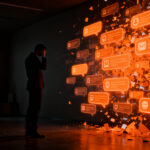 Un reclutador tecnológico frente a una pantalla inundada de mensajes spam, ilustrando los desafíos de los programas de referidos en startups.