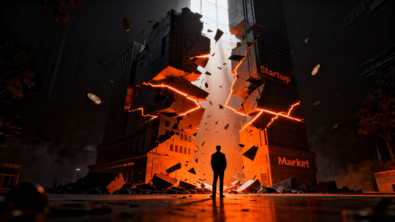 Silueta de un emprendedor frente a una estructura de mercado en declive, simbolizando la crisis financiera en startups.