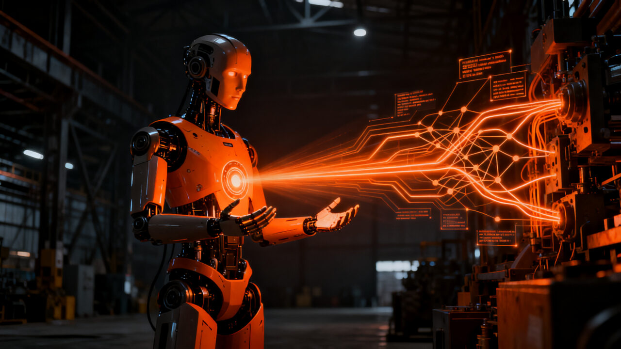 Robot humanoide interactuando con comandos verbales, representando la evolución de la IA corporeizada en la industria.