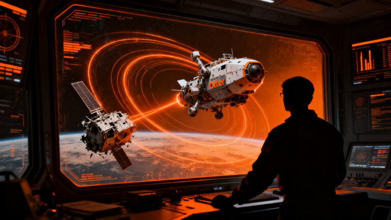 Nave espacial Otter de Starfish Space en misión de inspección orbital para la NASA, representando la limpieza de basura espacial y servicios de satélites.