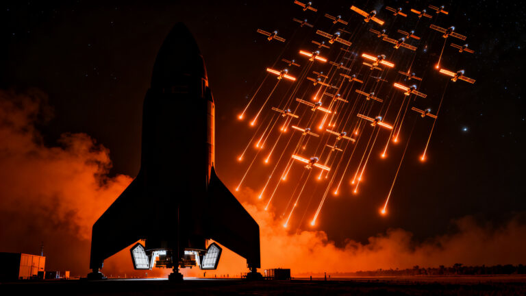 Megacohete Starship de SpaceX desplegando satélites Starlink V3 en órbita para mejorar la conectividad global.