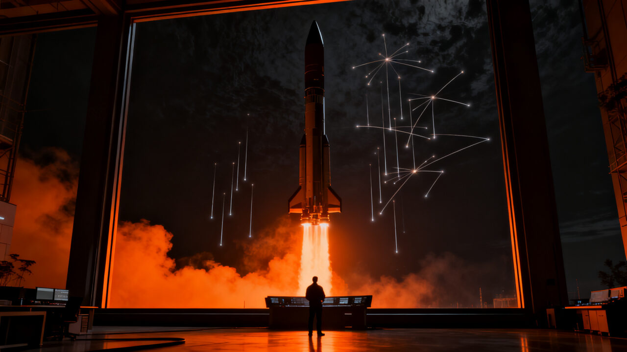 Lanzamiento del cohete Starship de SpaceX alcanzando la órbita, marcando un hito en la industria aeroespacial y el despliegue de satélites Starlink.
