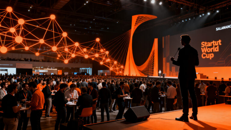 Multitud de emprendedores e inversores en el evento Startup OLÉ Salamanca 2026, destacando el networking y la innovación tecnológica.