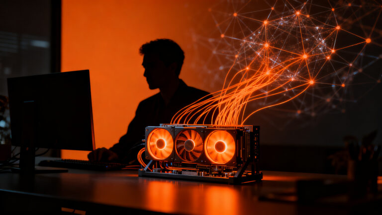 Infraestructura descentralizada de IA: usuario alquilando potencia de GPU inactiva para startups tecnológicas.
