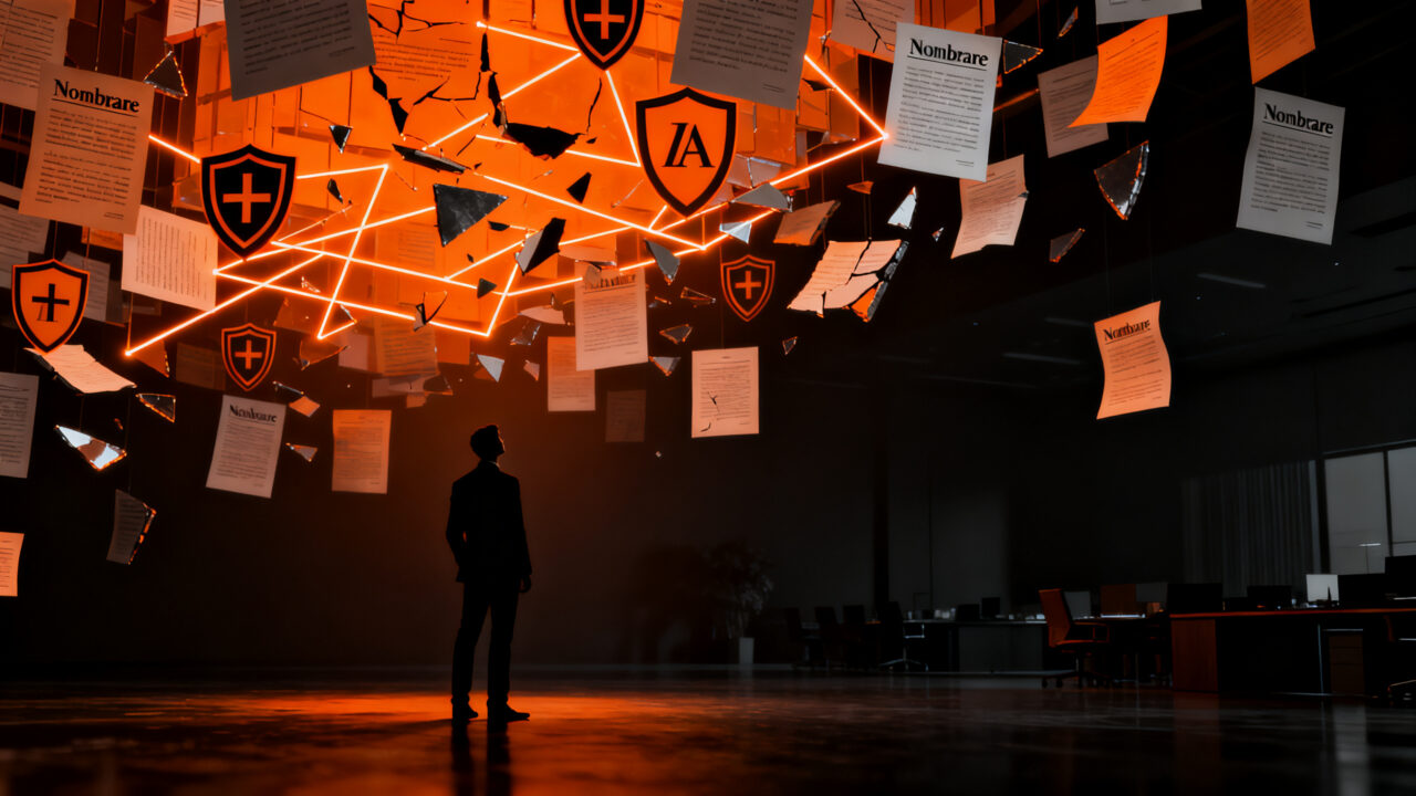 Emprendedor preocupado ante un laberinto de documentos legales, representando el riesgo de operar sin registro de marca en startups en México.