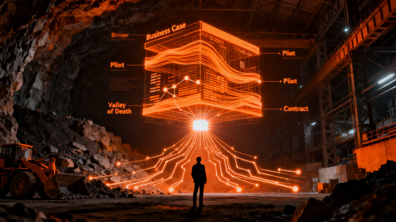 Startup minera validando su tecnología ante grandes corporaciones, concepto de business case y escalabilidad en minería.